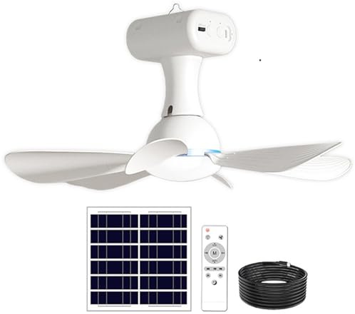 Ventilatore da soffitto solare con telecomando, ventilatore da soffitto portatile con batteria da 6000 mAh, pannello da 6 W per uso interno ed esterno in dormitorio, patio, campeggio, bianco
