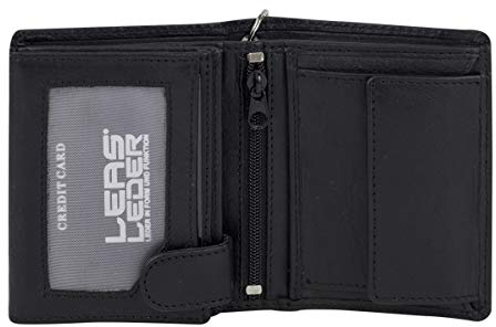 LEAS Biker Mini Geldbörse mit Riegel und Kette extra dünn im Hochformat, flaches Portemonnaie mit RFID Schutz Folie mit Geschenk Box Echt-Leder, schwarz