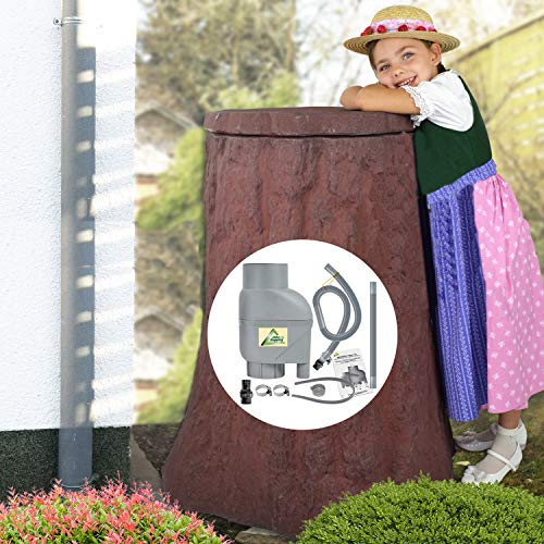 Regentonne, Regentonnen, Regenspeicher, Regenbehälter, Baum 300l braun mit Befüll- und Entnahme-Set grau FROSTSICHERES Regenfass Wassertonne mit Deckel und Wasserhahn DAS ORIGINAL!