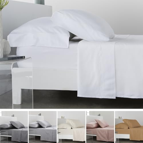 COTTON ARTean Juego de sábanas 135x190/200 Saten algodón Egipcio 300 Hilos LEUNA blanco 3 piezas: Encimera, 1 Funda de Almohada, Bajera Ajustable