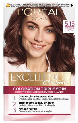 L'Oréal Paris - Crema Excellence – Kit de tinte permanente para el cabello con triple cuidado – 100% cobertura para cabello blanco – Tono 5,15 marrón hielo