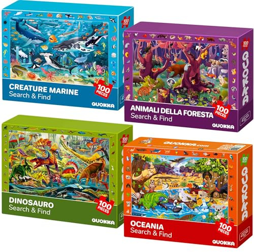 QUOKKA 100 Piece Puzzles for Kids Ages 4-6 - 4 Jigsaw Puzzles for Kids Ages 6-8 - Search and Find Game with Animals, Dinosaurs for Childrens 5-8 - Learning Educational Toys for Boys and Girls 8-11