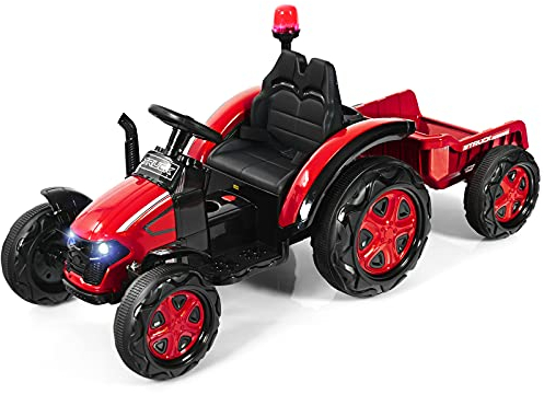 COSTWAY 12V Elektro Traktor für Kinder mit abnehmbarem Anhanger und 2,4G Fernbedienung, Aufsitztraktor 3-8 km/h mit Warnleuchte, Hupe, Musik, Getränkehalter, geeignet fur Kinder ab 3 Jahren (Rot)