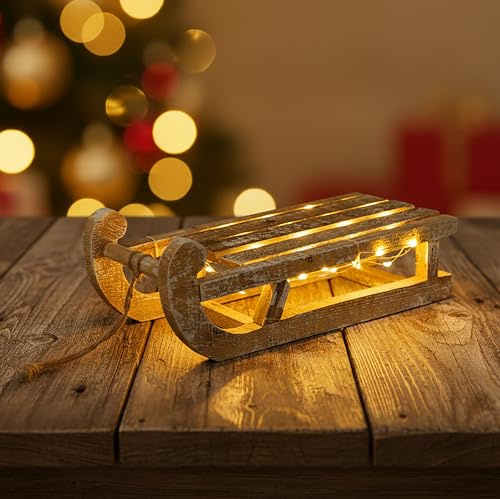 Spetebo LED Deko Holz Schlitten - 25 LED/ca. 30 cm - warmweiß beleuchteter Dekoschlitten mit Timer - Weihnachtsdeko Winterdeko Fensterdeko