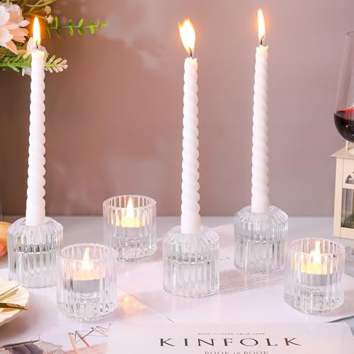 6pcs Glas Kerzenhalter 2 in 1, Teelichthalter, farbenfroher Kerzenständer für Tischdekoration, Heimdekoration, Hochzeiten, Geschenke zu Weihnachten, Geburtstagsfeiern, Schlafzimmer (klar)