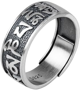 JUNTEN Anillo de plata de ley 925 con mantra budista tibetano Om Mani Padme Hum para hombres y mujeres, anillos abiertos ajustables de 8 mm de ancho