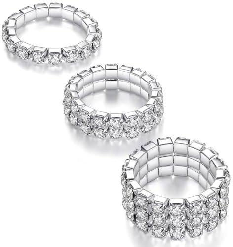 3 ST Strass Sträcka Ringa,LucBuy Mode Stapelbara Fingerringar i Kristall,Söta Tåring Kroppssmycken,Silver Diamant Elastiskt Band Ring Tillbehör,Glittrande Tumme Pinky Ring för Kvinnor Tjejer