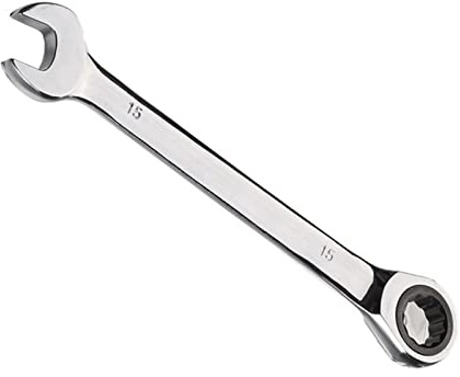 Vokenforu Llave de trinquete de 15 mm, llave combinada de trinquete, llave inglesa de extremo abierto de acero al cromo vanadio endurecido, métrica