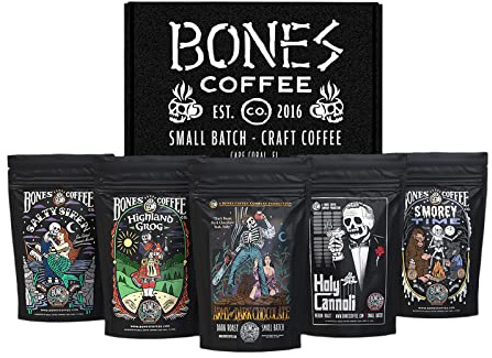 Bones Coffee Company NEW Favorite Flavors Sample Pack, Assorted Flavored Coffee Low Acid Medium Roast Arabica Beans Specialty Coffee Gifts, Auto Drip and French Press Compatible, 4 oz Pack of 5 Ground