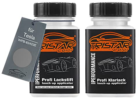 TRISTARcolor Autolack Lackstift für Tesla WPB-82422E Gun Powder + Klarlack | Set aus Basislack + Klarlack, Lackfläschchen mit Pinsel, je 50ml