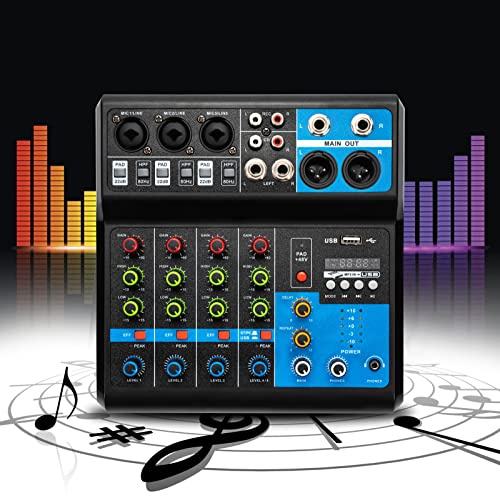 Audio DJ Mixer Sound Board Konsole System für professionelle Aufnahme Party KTV Bühne 5 Kanal 48V Phantom Power unterstützt den Anschluss von kabelgebundenen und drahtlosen Geräten