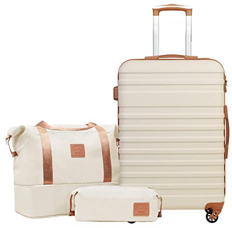 COOLIFE Suitcase Set 3 PCS - 24 Hard Shell Lightweight ABS Luggage + Travel Bag & Toiletry Bag, Medium Suitcase with TSA Lock, 360° Wheels for Travel, Airline & Cruise, Business Trip Beige/Cream