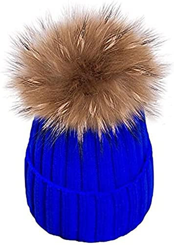 ANZII Damen Echtfell Waschbär Fell Pelz Bommel Strick Mütze Winter-Mütze Bommelmütze warme Schirmmützen
