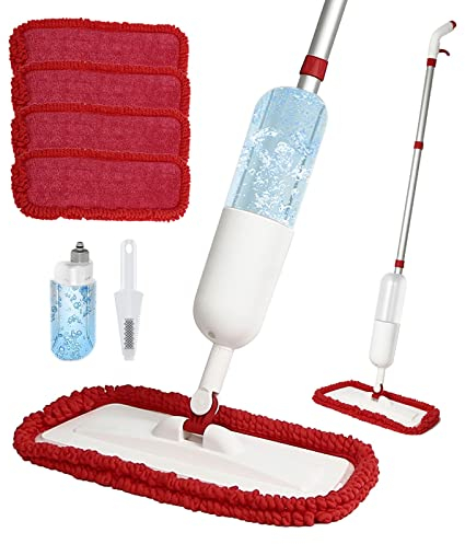 Spray Mop, Scopa Lavapavimenti a Spruzzo con 650ml Flacone Spray e 4 Riutilizzabile Tamponi di Ricambio, Mop Piatto in Microfibra Umido e Asciutto per Casa, Cucina, Legno Duro, Laminato, Legno