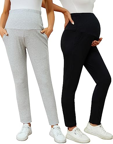 Brynmama 2 Pack Pantalones de Maternidad para Trabajo Ajustable Pantalones de Embarazo Elásticos con Bolsillos para Mujer