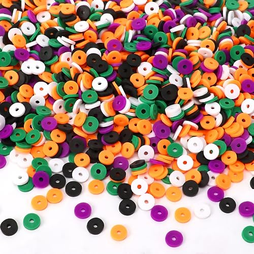 Augshy 4200 Stück Halloween Tonperlen Vinyl Heishi Flache Runde Polymer Abstandshalter für Schmuckherstellung Halskette Armband Ohrringe (schwarz, orange, weiß, lila, grün)