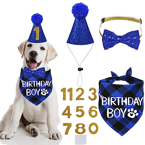 STMK Suministros de fiesta de cumpleaños para perros, varios tamaños, sombrero de cumpleaños para perro, bandana de cumpleaños para perro, pajarita, números de cumpleaños para perros pequeños y