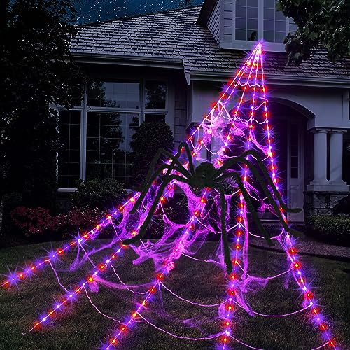 Halloween Spider Web Lights Decoration 250 LED Light up Spider Webs Halloween Decorations Outdoor with 59 Large Spider & 3.53 oz Stretch Cobweb 16.4 Ft Giant Web with 8 Modes (Purple & Orange)