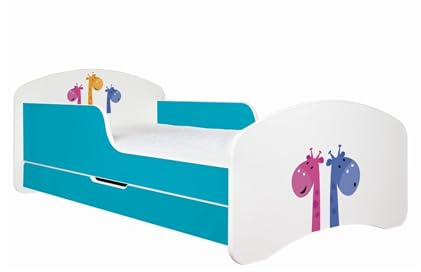 Happy Babies Kinderbett - Mit Matratze & Schublade und Rausfallschutz, 80x160, Mädchen Kinderbetten & Jugendbett Jungen Kids Bed, Jugendbett für Bodentief Ausziehbett Kleinkind, Lattenrost (Blue AM06)