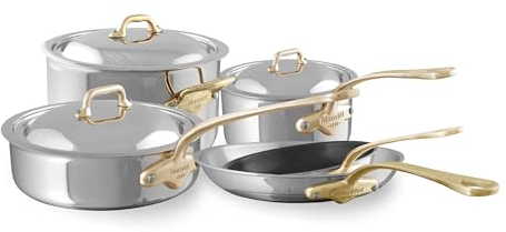 Mauviel M'Cook B 5-Ply Polished Stainless Steel 8-Piece Cookware Set With Brass Handles, Made In France