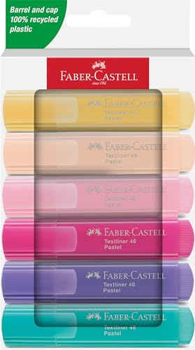 Faber-Castell 251656 - Set 46 evidenziatori, 6 evidenziatori pastello con punta a cuneo a lunga durata, larghezza linea 1-5 mm, ricaricabili