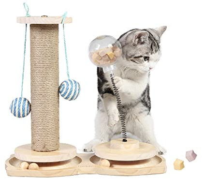Marchul Interaktives Katzenspielzeug Aus Holz, 4 in 1 Katzenspielzeug mit Hängenden Ball, Katzen Intelligenzspielzeug mit Rotierender Kugel, Katze Sisal Seil Kratzbaum