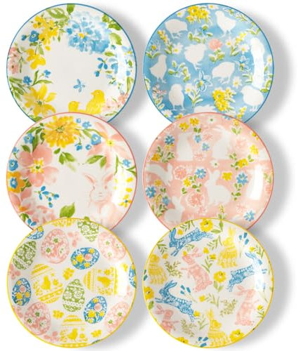 Metahom Easter Salad Plates, 8 Ceramic Bunny Plate Set, Dessert Appetizer Dishes Set of 6, Watercolor Style, Dishwasher & Microwave Safe, Set of 6