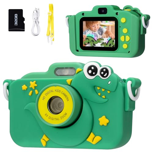 Carehabi Kinderkamera Geschenke für 3-12 Jahre Jungen Mädchen 1080P HD Anti-Drop Dinosaurier Digitalkamera Kinder mit 2.0”Display und 32GB-Karte für Geburtstagsgeschenk Spielzeug