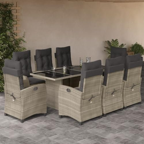 SECOLI Polyrattan Sitzgruppe Garten Essgruppe 8 Personen Rattan Gartenmöbel Set mit 8 Rattansessel Hochlehner Verstellbar Essgruppe Outdoor Gartengarnitur Sitzgarnitur Grau 9-tlg-Type-117