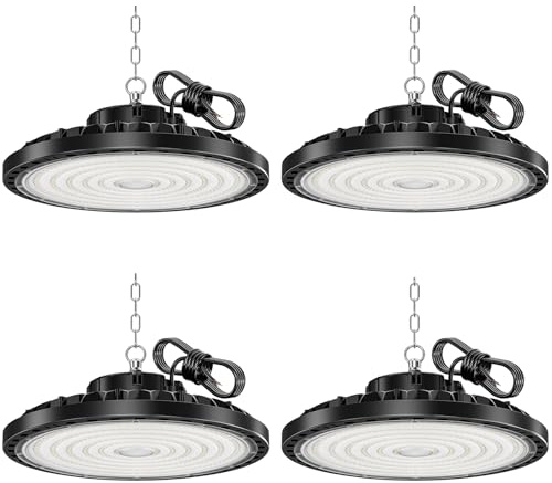 HAPYLUMI Éclairage Garage 200W 20000LM, 4PCS UFO LED 6500K Blanc Froid Lampe Atelier, IP65 Étanche Plafonnier Spot LED Puissant High Bay Eclairage Pour Garage Atelier Grange Entrepôt