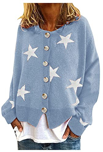 Damen Strickjacke Stern Druck Retro Langarm Rundhalsausschnitt Jacke Strickmantel Casual mit knöpfen Bequem Strickjacke Pullover Strickjacken Cardigan