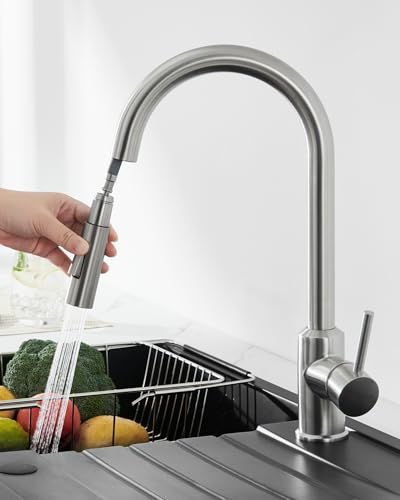 ANYCEE Wasserhahn Küche, Hochdruck Armatur Küche, Küchenarmatur mit Brause Ausziehbar, Mischbatterie Küche 360° Schwenkbar, Spültischarmatur Edelstahl mit Einhebelmischer, Gebürstet