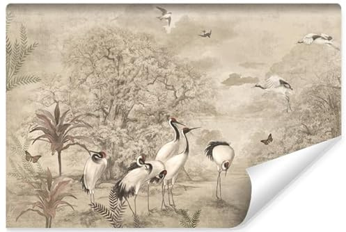 Muralo Tapete Vlies 3D, Retro-Style, Kraniche, Kunstdruck - 400x280 cm | Beeindruckendes 3D-Design, hochauflösender Druck - ideal für Wohnzimmer und Schlafzimmer, Ein außergewöhnliches Raumerlebnis