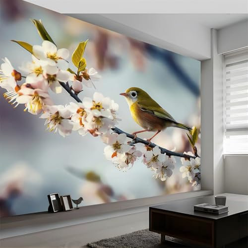 Custom Animal Photography White Eye Bird Apricot Tree Panoramic Wall Mural, Animal Photography Wallpaper 200 x 140 cm, Modern Large-Scale Wall Art Mural Panoramic Poster for Living Room Bedroom Office