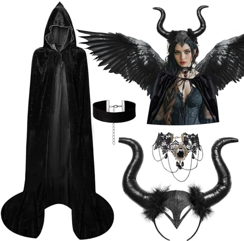 iZoeL Malefiecent Kostüm Teufel kostüm Damen, Teufel Umhang Teufelshörner Haarreif Gothic Spitze Halskette Karneval kostüm Accessorie, Damen outfit Karneval Fasching Mottoparty Kostüm