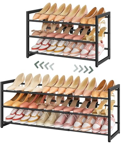 FAVOOSTY 2 Ebenen Schuhregal Metall Ausziehbares Weiß, Verstellbar Platzsparend, Shoes Rack, Robustes Schuhständer für Eingangsbereich, Schlafzimmer (Schwarz, 3 Tier)