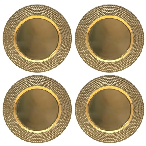 Daniel James Metallic Charger Plates - 33cm Round Reusable Dining Table Setting Plates for Christmas Party, Celebration, Weddings & Table Décor Placemat - Gold Diamond, Pack of 4