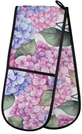 Ofenhandschuhe, doppelte Ofenhandschuhe, blaue Hortensien, rosa Blume, Ofenhandschuhe, Topflappen, hitzebeständig, gesteppt, für Grillen, Backen, Küche, Kochen