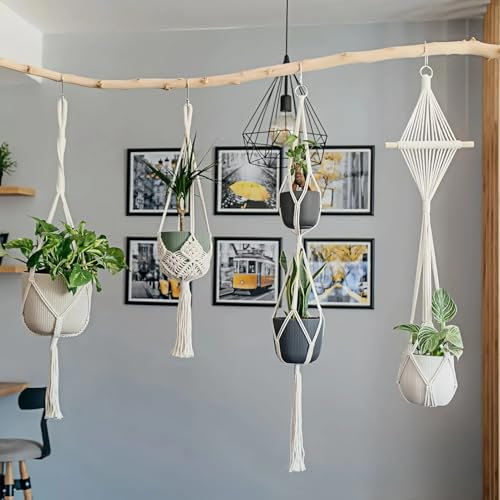 Makramee Blumenampel Hängend Innen, 4er Set Boho Deko Makramee Hängeampel mit Haken, Baumwollseil Blumentopf Hängend, Boho Zimmer Deko Aesthetic, Hängepflanzen Topf für Balkon Fenster Deko (Creme)