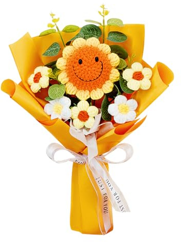 Hojalis Bouquet di fiori all'uncinetto, fiori all'uncinetto fatti a mano, girasole sorridente, bouquet di fiori artificiali per festa della mamma, San Valentino, matrimonio, laurea, anniversario