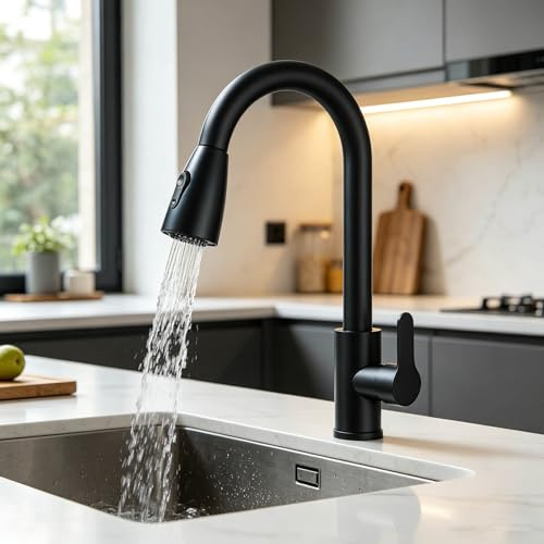 TVTIUO Wasserhahn Küche Ausziehbar, Hochdruck Küchenarmatur mit Herausziehbarer Brause Ausziehbar Armatur, Mischbatterie Spültischarmatur, 360° Schwenkbar Zwei Sprühfunktionen,Schwarz