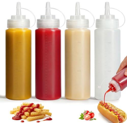 OAMCEG 4 Stück Squeeze Flasche 240ml, Plastik Quetschflasche für Saucen,Öl | 8oz Saucenflasche, Squeeze Bottle, Spritzflasche mit Kappen & Skala, Dosierflasche für Ketchup, BBQ Saucen, Sirup, Gewürze