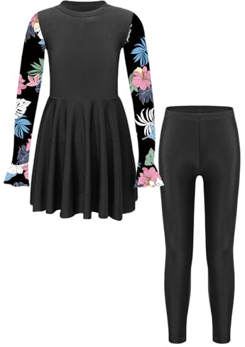 CHICTRY Kids Girls Floral 2 Pcs Modest Swimsuit Long Sleeve Swimdress with Leggings Burkini Sets Black 15-16 Years