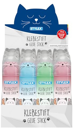Stylex 23369-P12 - Stick di colla con disegno di gatto, 12 x 15 g di colla in 3 colori pastello, spalma colorata, incolla trasparente, lavabile e senza solventi
