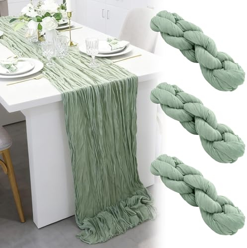 3 Stück Seihtuch Tischläufer Salbeigrün 90x300cm, Grün Tischläufer Eukalyptus Käsetuch, Cheesecloth Boho Musselin für Hochzeit Party Wohnraumdekor Esszimmer Wohnzimmer Küche Schlafzimmer