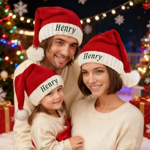 Lousrion Weihnachtsmützen mit gestickten Namen, personalisierte Weihnachtsmützen für Erwachsene und Kinder, Weihnachten, Neujahr und Geschenk