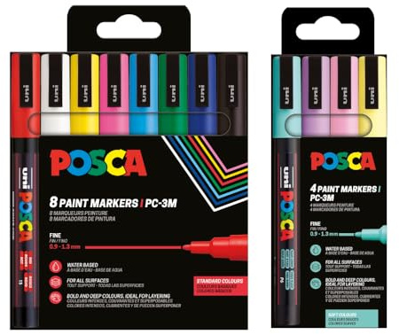 POSCA PC-3M-Set de 12 Rotuladores Punta Media – 8 Colores Básicos + 4 Colores Pastel – Tinta Acrílica Permanente para Papel, Madera, Vidrio, Tela, Piedra y Más