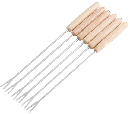 Forchette per fonduta in acciaio inossidabile, bastoncini per fonduta di formaggio, set da 6 pezzi con manico in legno, resistenti al calore, per smores di formaggio e cioccolato,