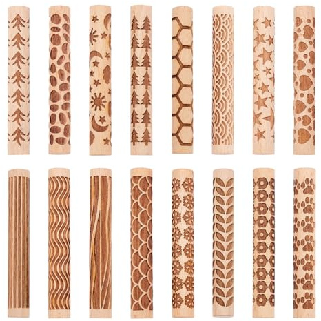 UNICRAFTALE 16Pcs 16 Styles Wooden Clay Texture Rollers Set for Pottery Ceramics Potters Stamp Roller Tools Modeling Pattern Rollers Kit 10.2cm Textured Rolling Pins for DIY Handmade Art Supplies