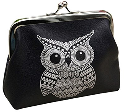 Süße kleine Münzbörse Geldbörse Geldbeutel für Damen Schwarzes PU-Kunstleder Niedliches Ethno-Printmotiv Weiße Eule